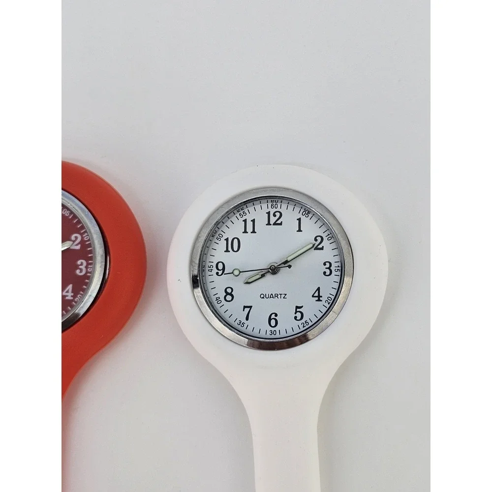 2X Nurse Watch White Red Silicone Nurse Watch Brooch Tunic Fob Watch New Battery